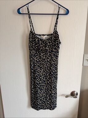 nine britton Black Slip Midi Dress with Cream Daisy Print